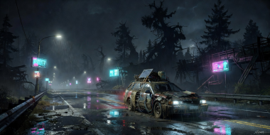 Dark Cyberpunk Highway Scene representing Pacific Drive survival journey