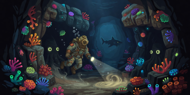 Pixel Art Deep Ocean Diver Exploring Underwater Caverns for Dave the Diver
