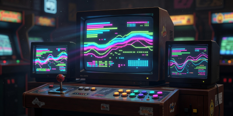 Pixel UI Arcade Setup with Glowing Screens showing Deals Tracker
